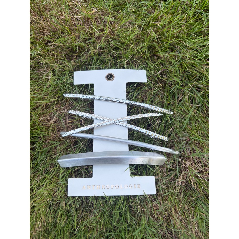 Anthropologie Silver Metal Hair Clip Set Hammered Brushed Texture Barrettes NEW